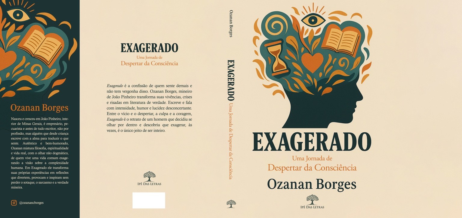 Capa aberta do livro Exagerado, com frente, lombada, quarta capa e texto biográfico