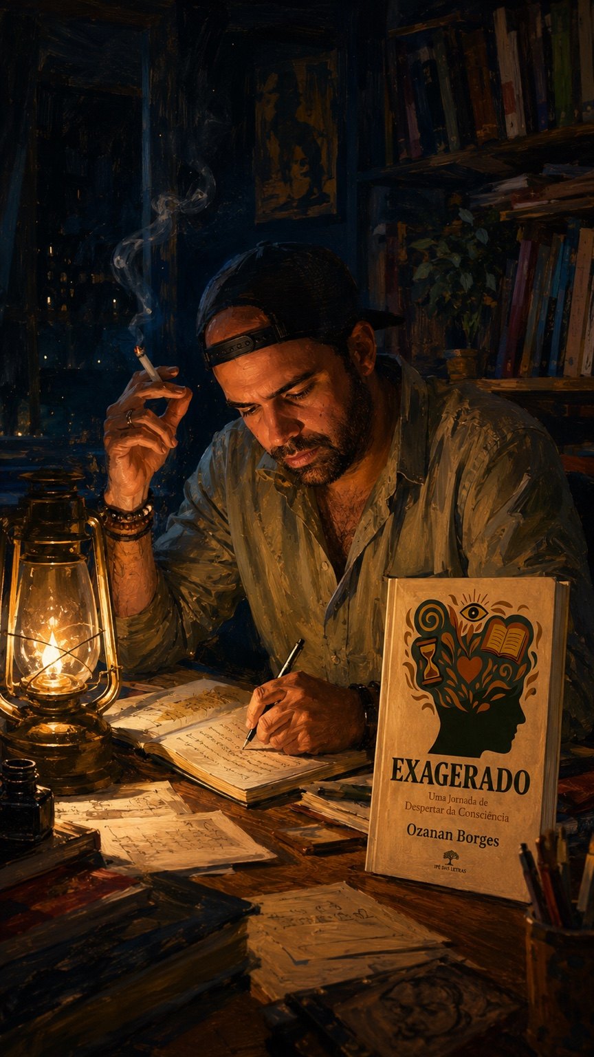 Ozanan Borges escrevendo em ambiente noturno com o livro Exagerado